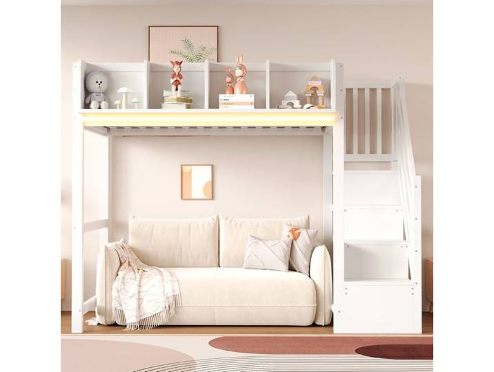 Lit mezzanine multifonctionnel 90x200 cm avec rangement Lit étudiant Blanc - Étagères éclairage LED échelle et grille de sécurité