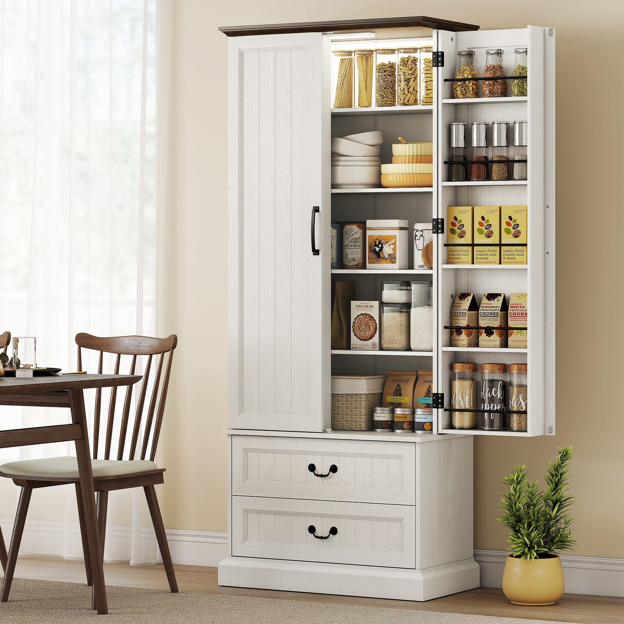 Homcom Madia alta da cucina, armadio da cucina, LED a sensore, 2 porte, cassetti e ripiani regolabili, 76x39,5x183cm, bianco   Aosom Italy