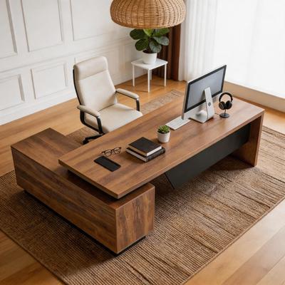 WESOME Retractable L-Shaped Executive Desk with Cable Management Drawers and Lateral File Cabinet