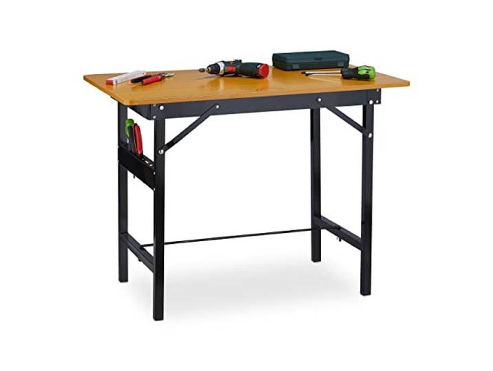 Relaxdays Werkbank klappbar, bis 100 kg, Längenmaß, Winkelmesser, HBT 76x100x60cm, Arbeitstisch Werkstatt, Natur/schwarz