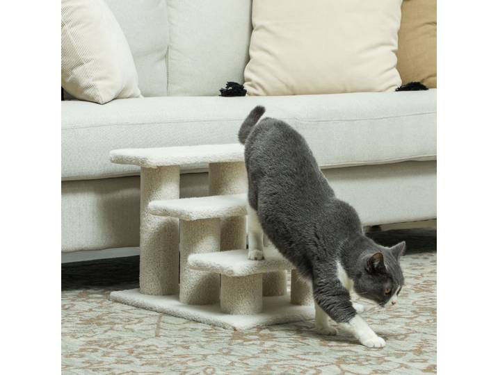 PawHut Escalier 3 Marches Rampe Chat Peluche 45x35x34cm Beige