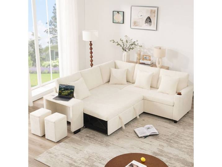VUENOR Canapé d'angle convertible 5 places beige – méridienne réversible rangement