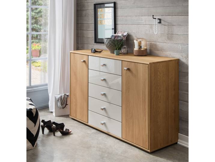 Kombikommode WIEMANN Kiruna , braun (eiche teilmassiv, champagnerglas), B:141cm H:86cm T:43cm, Floatglas, Holz teilmassiv, Sideboards, Kombikommode, vormontiert