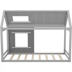 MODFU Kinderbett aus Kiefernholz und MDF Grau 90x200 cm in Hausform mit Dach und Fenster