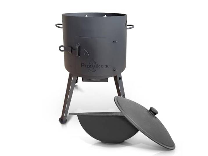 Utschak Feuerofen mit Gusseisen Topf flacher Boden mit Deckel 12 L Ø 40 cm Kazan Учаг Uchag казан Kasan Oven (Set 1)