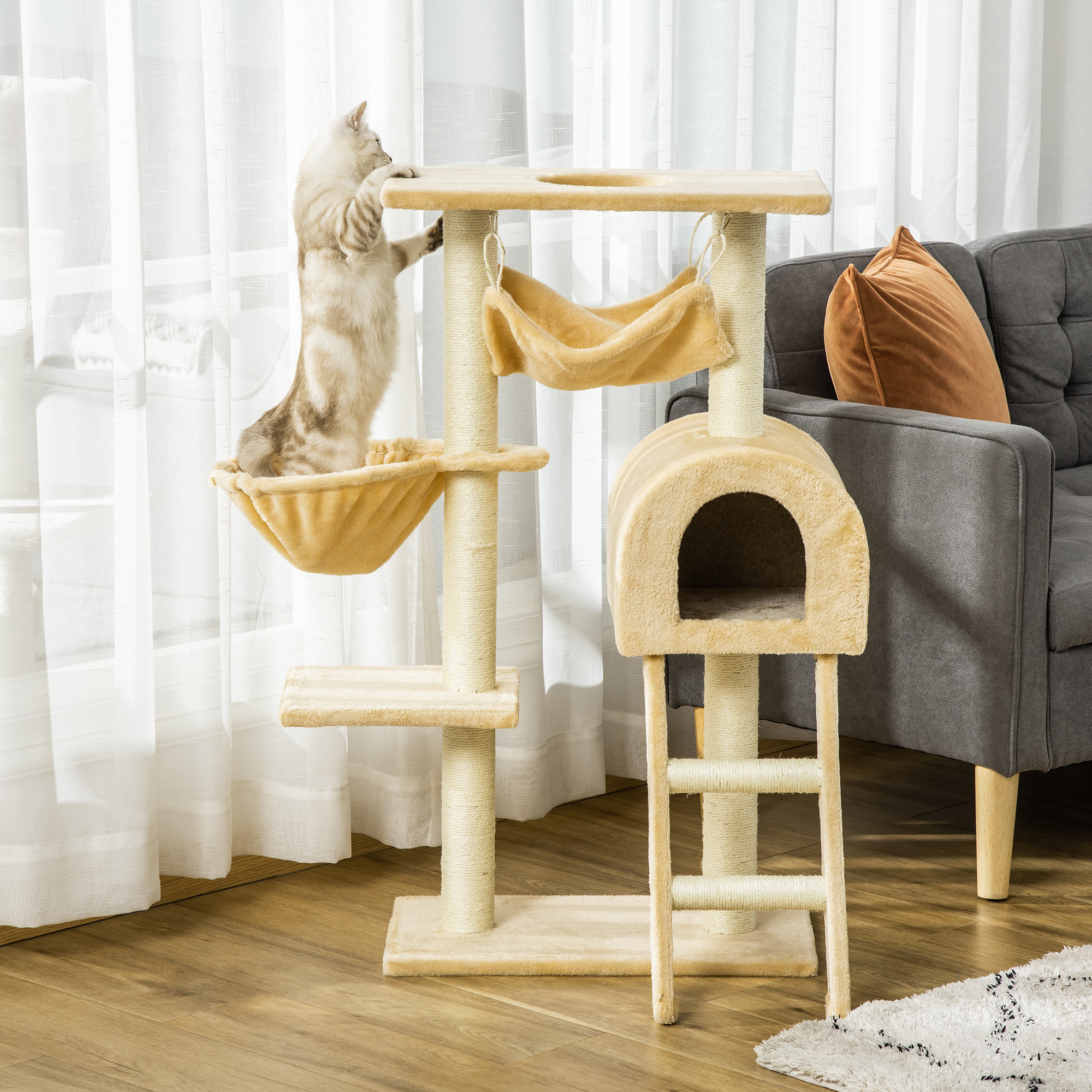 Pawhut Albero Tiragraffi per Gatti Multilivello con Amaca e Casetta, Corde in Sisal Naturale, Beige, Altezza 98cm Aosom