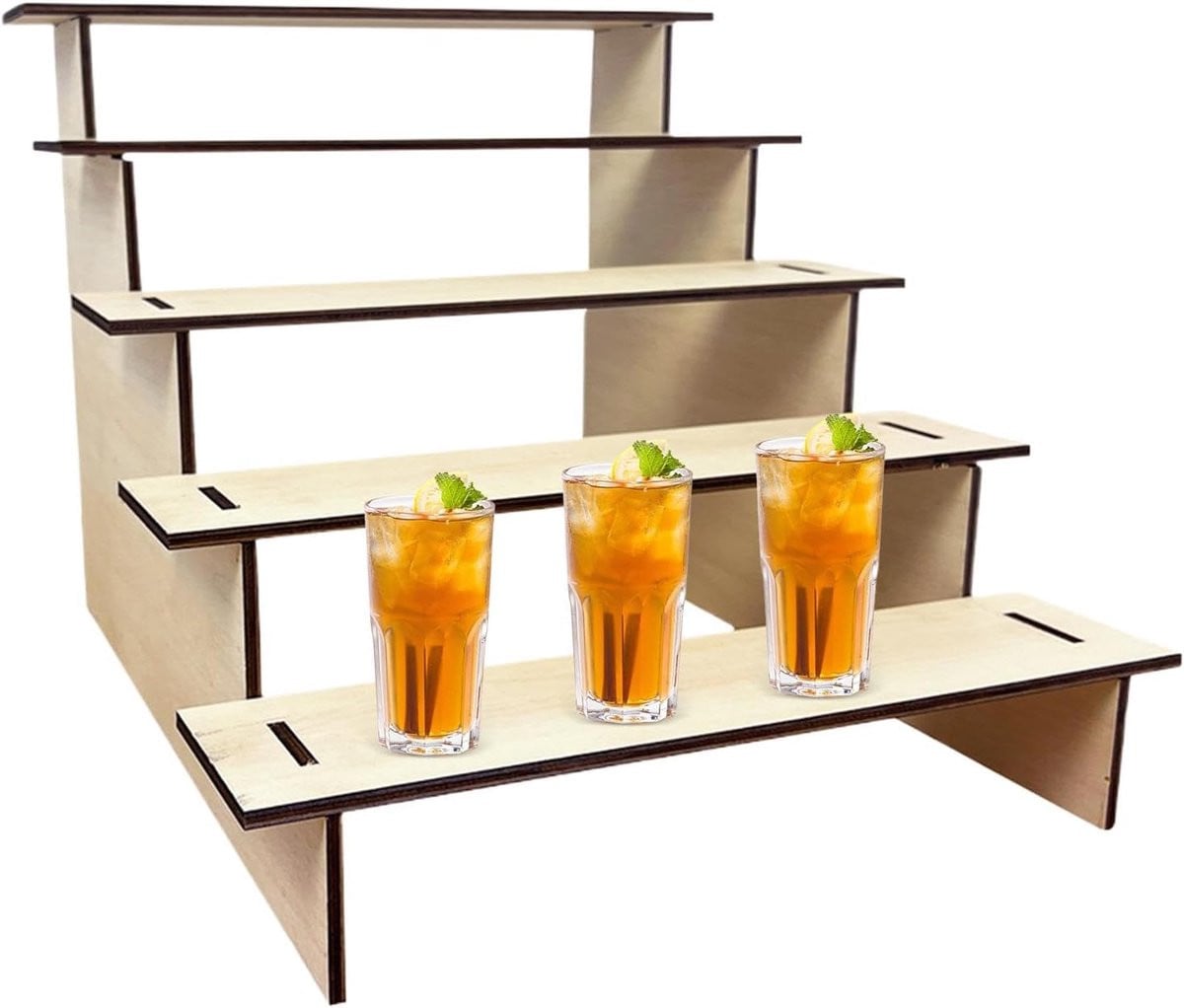 Houten Display Riser met vijf lagen voor decoratie presenteren, Hoogte: 33,5 cm, Houtkleur