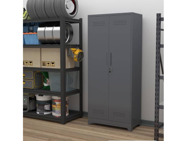 Armoire de rangement métallique verrouillable, organisateur d'outils de nettoyage pour garage avec barre de suspension, crochets en S, étagères réglables, armoire utilitaire
