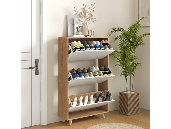 HOMCOM Meuble Chaussures 3 Abattants Étagère Naturel/Blanc