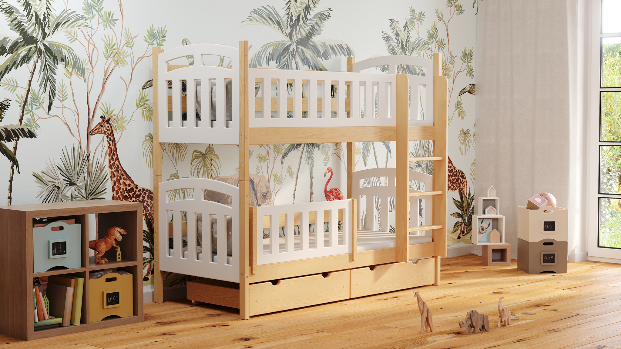 Kinderbett für Mädchen und Jungen mit Rausfallschutz, Etagenbett mit Leiter Zuzia Piętrowa, 80 x 180 cm, Naturbelassen