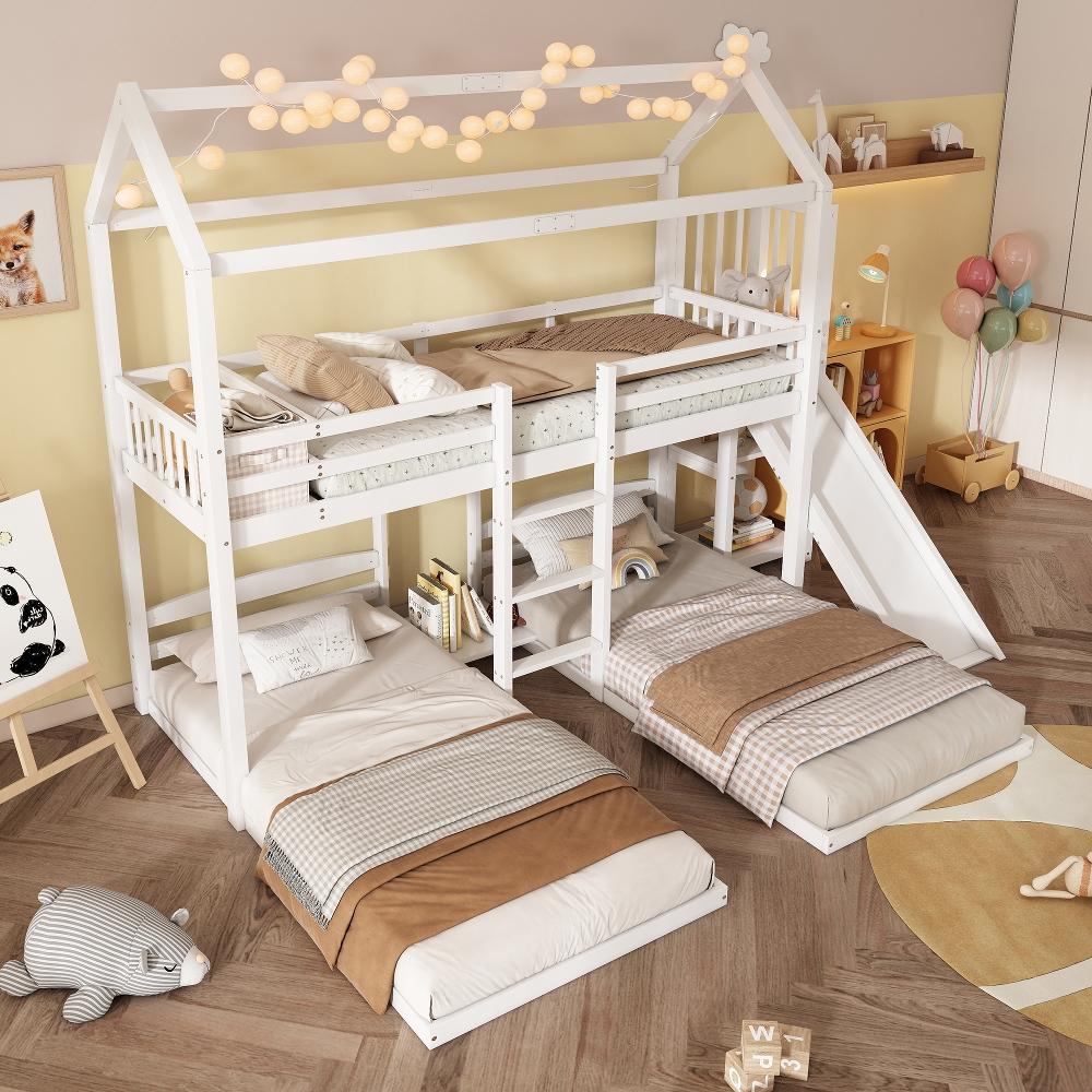 Etagenbett 90x200cm aus Kiefer und MDF, weißes Kinderbett mit Rutsche, Dachdesign und drei Schlafplätzen für Kinderzimmer