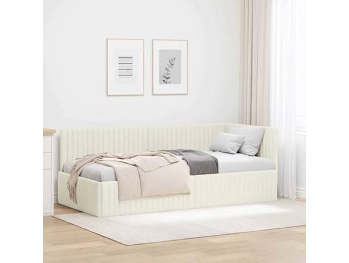 Eckbettgestell mit Kopfteil Creme 90x200 Samt L-Form, Lattenrost Inklusive, Stoffbezug, Pflegeleicht, Als Sofa Oder Bett Nutzbar