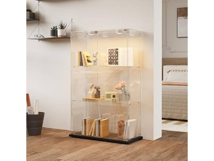 JiaOyu Glasvitrine mit LED-Beleuchtung, Vitrinenschrank mit Schloss, Glasvitrine Staubdicht für Sammlungen, Standvitrine Glasschrank für Wohnzimmer Schlafzimmer Büro (Schwarz+LED+2Türen, 3 Schichten)