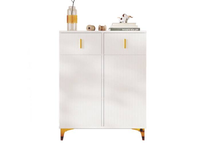 Flieks Schuhschrank Mit Strukturpaneelen Goldverzierungen & Verstellbaren Böden, Weiß, 83x101x35 cm, Garderobe, Schuhaufbewahrung, Schuhschränke