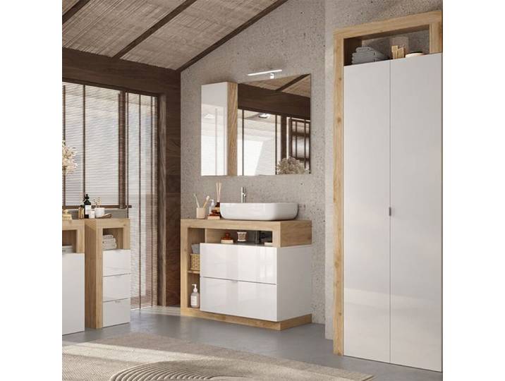 Ensemble meuble vasque 92cm + rangements + armoire blanc et aspect bois Cadiz - ARTURO