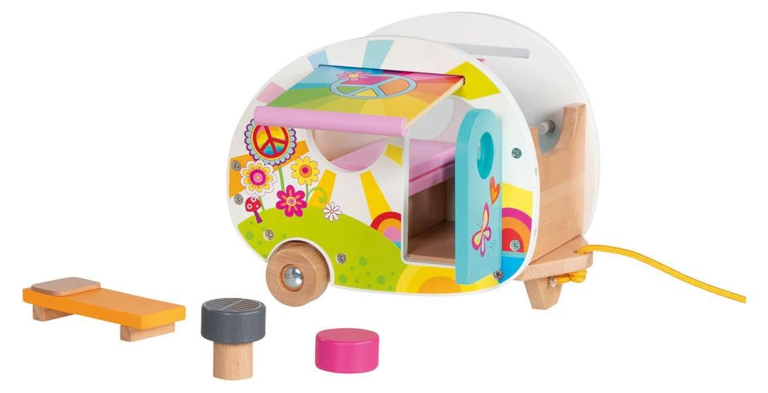 Goki Houten kampeerwagen Happy Campers speelgoedcaravan voor kinderen