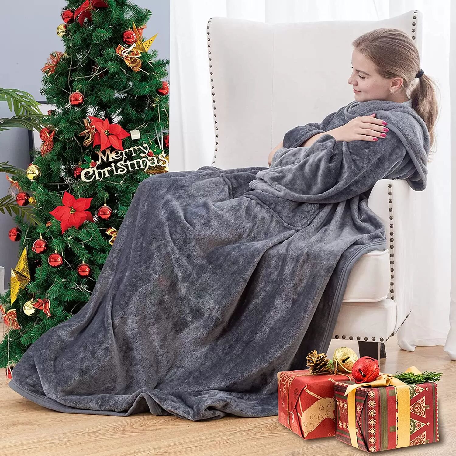 INF Couverture peluche à manches Gris 180x140 cm