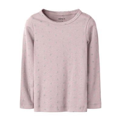Langarmshirt NAME IT "NMFLONA LS XSL TOP", Mädchen, Gr. 92, violet ice, Jersey, Obermaterial: 57% Baumwolle, 38% Modal, 5% Elasthan, bedruckt, slim fit normal, Rundhals, Shirts Langarmshirt, Baumwollmischung, slim fit