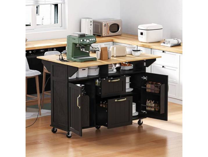 Desserte ilôt de Cuisine avec roulettes-Buffet Cuisine de Rangement avec Plateau de Table Pliable-Chariot de Repas-Mobile-Noir