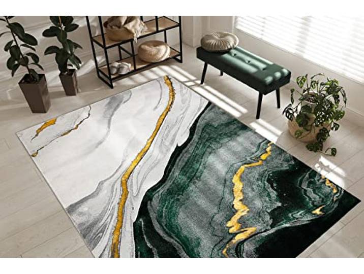 rugsx Exklusiv Emerald Teppich Glamour – Stilvoll, Marmor-Design Flaschengrün/Gold 80x150 cm Modern Teppich für Wohnzimmer