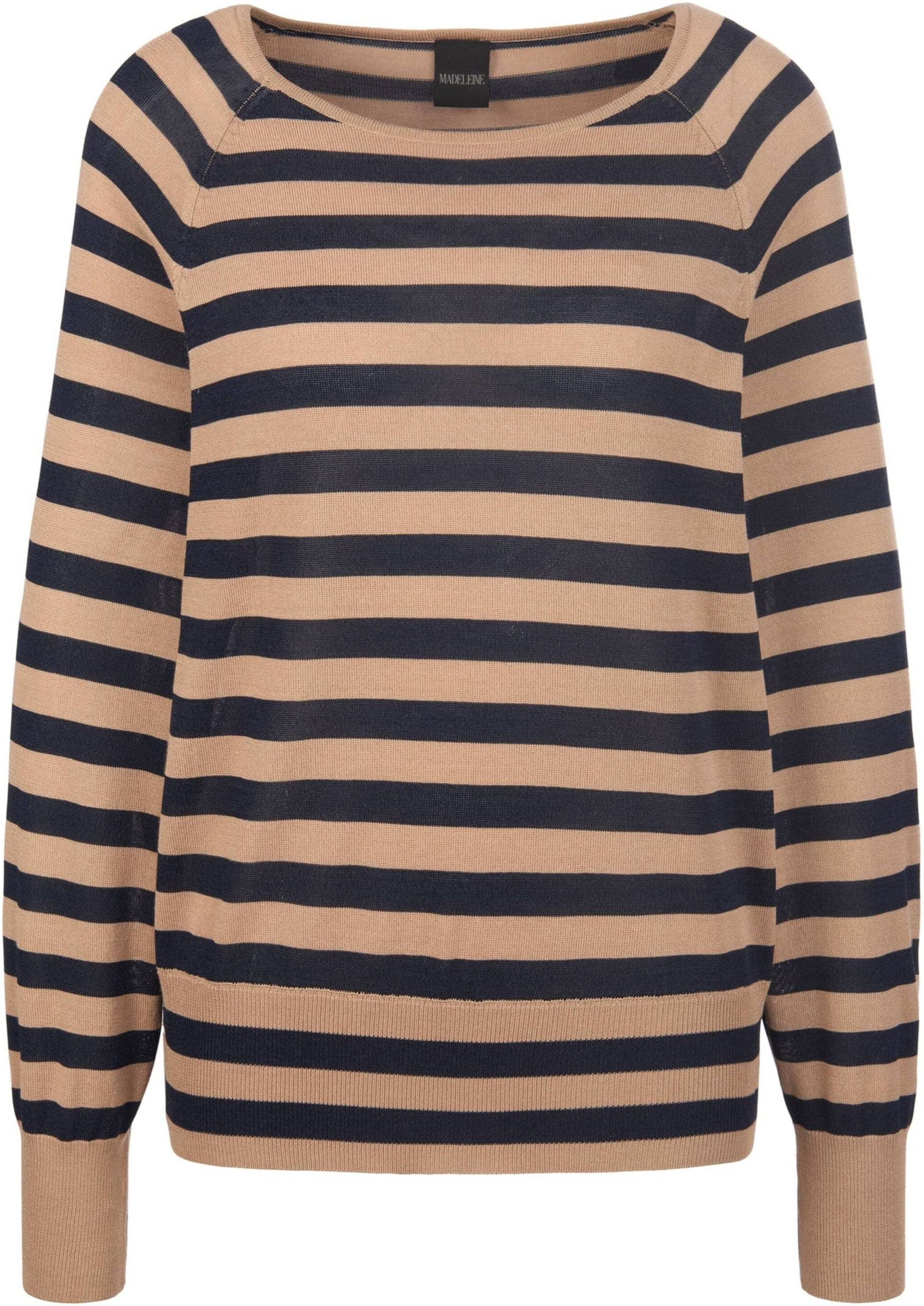 Longpullover MADELEINE "Pullover Pullover mit Fledermausärmeln", Damen, Gr. 34, blau (marine, caramel), Obermaterial: 63% Viskose CV. 37% Baumwolle CO., Modern, U-Boot-Ausschnitt, Pullover Longpullover
