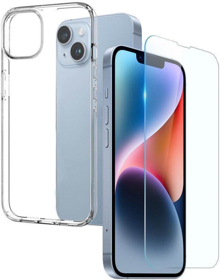 iPhone 14 NORTHJO Beskyttelsessæt - Fleksibelt Plastik Bagside Cover & Skærmbeskyttelsesglas - Gennemsigtig