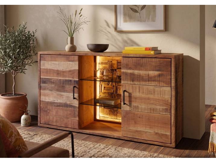 Sideboard inkl. Beleuchtung 135x90cm 'Livorno'' Akazie massiv sägerau