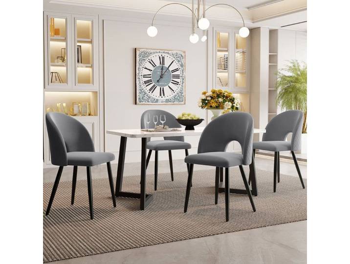 Ensemble table et chaise avec 1 table rectangulaire et 4 chaises - UVRION - Velours métal et MDF - Gris