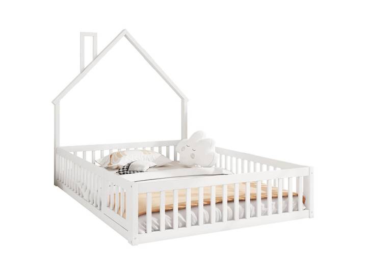 Gisaae Kinderbett 140x200 Hausbett Weiß Kiefernholz mit Rausfallschutz, Schlafzimmer, Betten