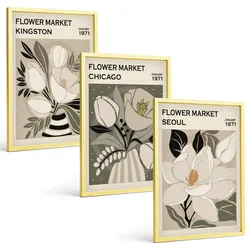 BILDER SET 3er Set - 40x60 cm Goldrahmen - Blumen Kingston Seoul Chicago Retro