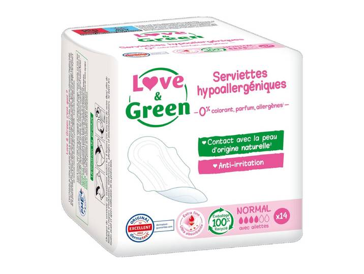Love&Green Serviettes hygiéniques écologiques hypoallergéniques avec ailettes Normales - 14 serviettes