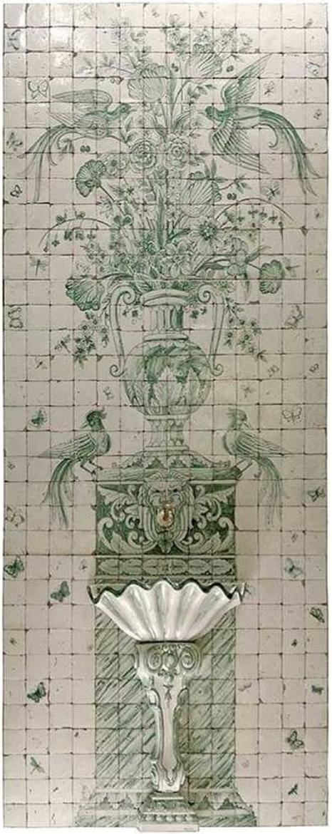 Casa Padrino Luxus Barock Wandbrunnen mit Fliesen Wandgemälde Weiß / Grün - Handgefertigt & Handbemalt - Luxus Qualität - Barock Hotel Garten Deko Accessoires
