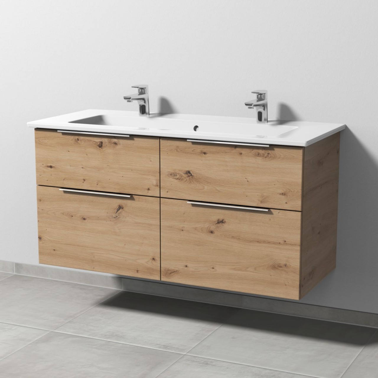 Sanipa 3way Keramik-Set Venticello Keramik-Doppelwaschtisch und Unterbau mit 4 Auszügen, Eiche Natur UM32985