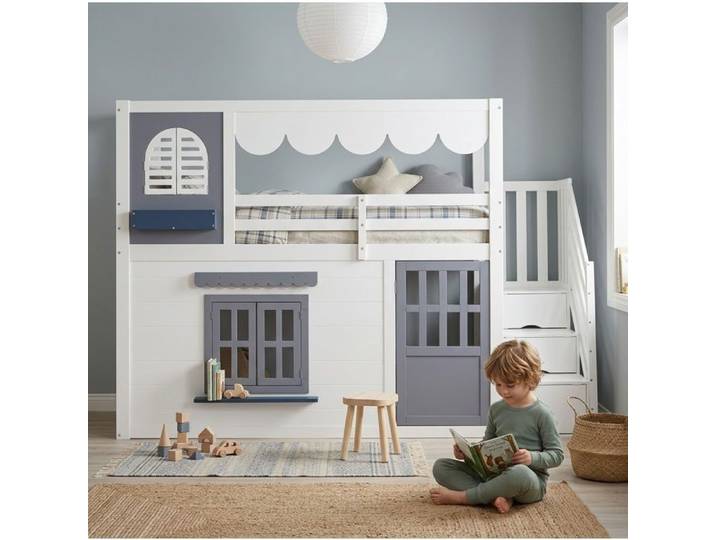 MEUBLIV Lit mezzanine enfant 90 x 200 cm cabane blanc et bleu escalier de rangement