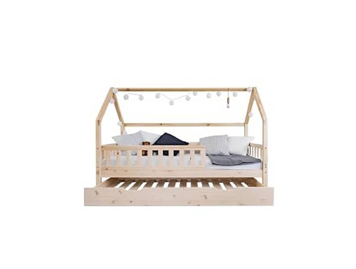 Profiwood Kinderbett mit Ausziehbett - Kinder Einzelbett - Funktionsbett, Ausziehbett, Jugendbett, Hausbett für Jungen und Mädchen - aus natürlichem Holz, Massives Kiefernholz- 90x190 cm