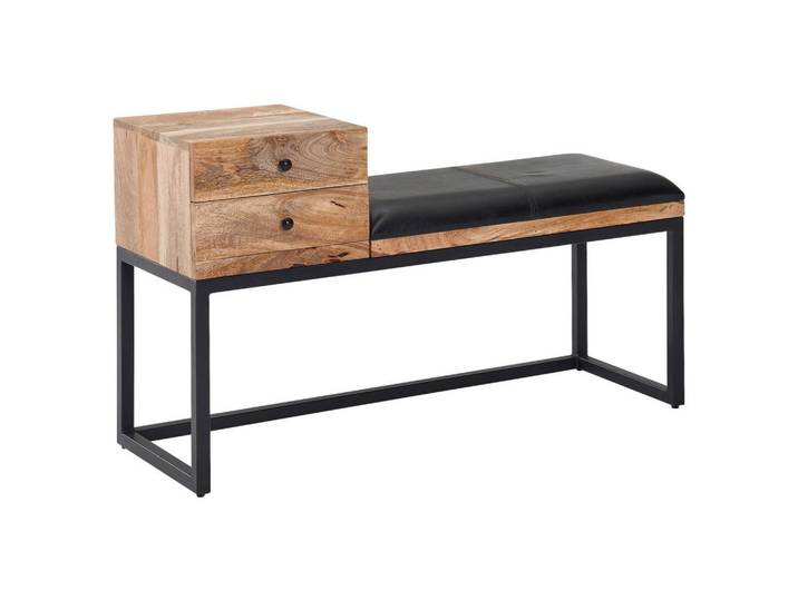 Mid.you Hockerbank, Schwarz, Metall, Echtleder, Ziegenleder, Mangoholz, massiv, 100x60x35 cm, abwischbar,