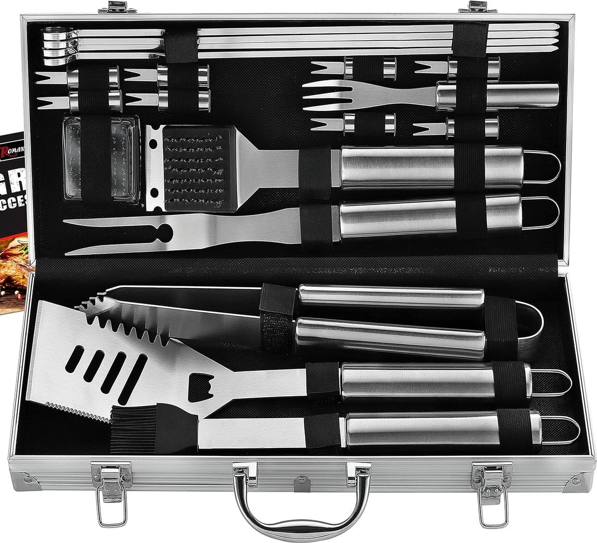 Barbecueset van roestvrij staal met draagbare koffer en vleesthermometer, zilver