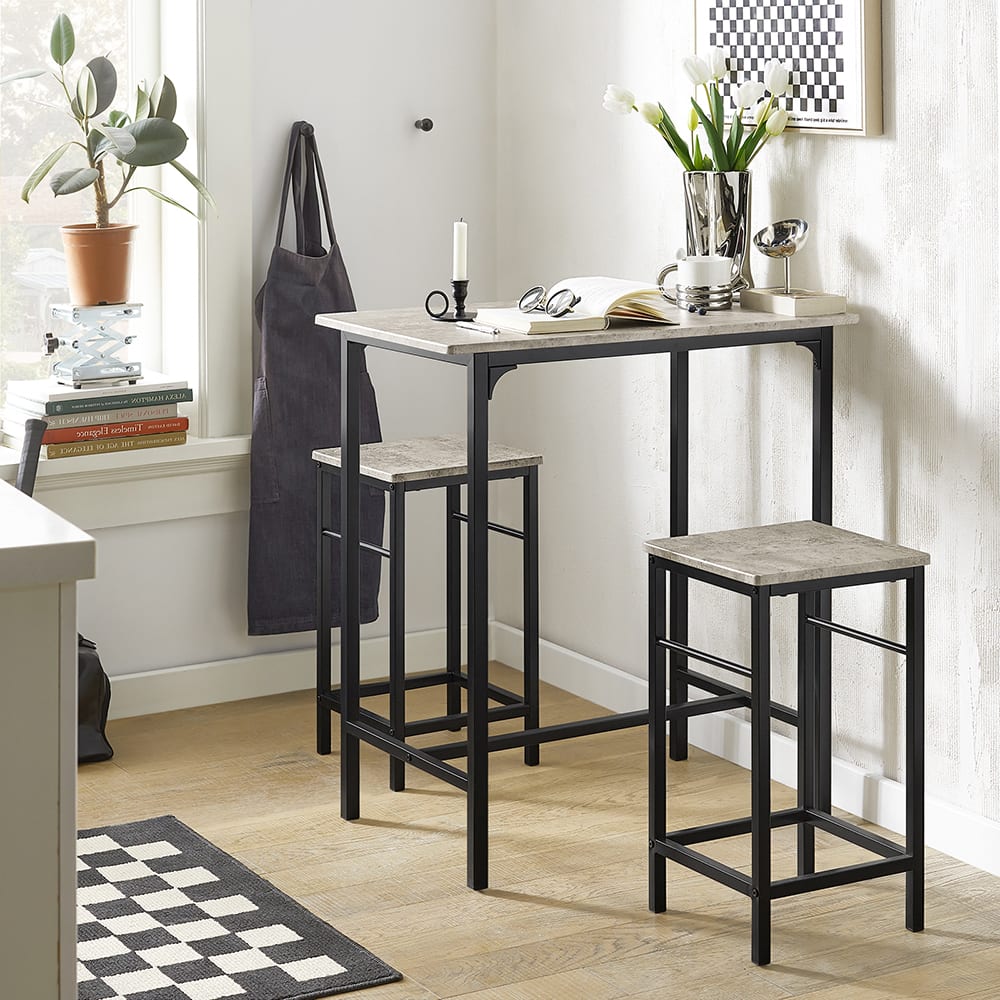 SoBuy Set de 1 table et 2 tabourets effet bois et métal noir Gris 80x88x50cm