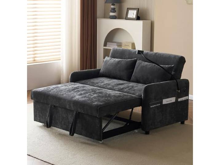 Laxnb 2 Sitzer Sofa mit Schlaffunktion, Klappbares Schlafsofa Doppelsofa Kleine Couch Sofa, Multifunktionssofa Polstersofa mit verstellbare Rückenlehne & Handyhalter & USB-Buchse, Chenille-Stoff Grau