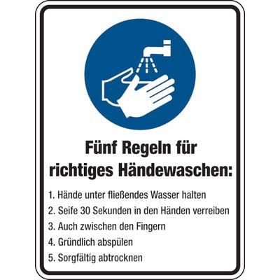 Gebotsschild, Kombischild, 5 Regeln zum Händewaschen - DIN EN ISO 7010 - 150x200x1.5 mm Kunststoff