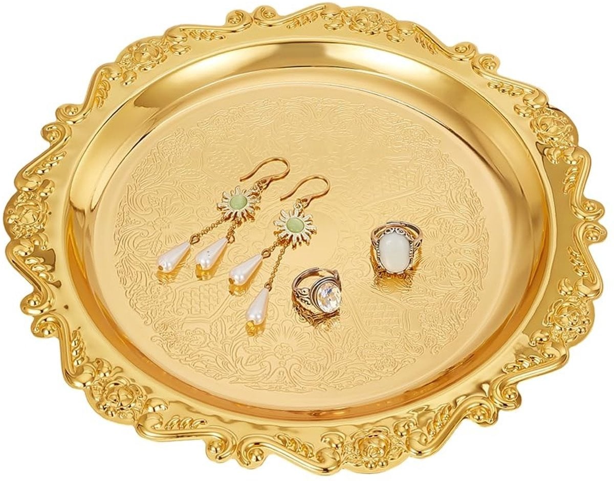 Dailygoods Sieraden Display Gouden Dienblad - Vintage Decoratief IJzeren Tray - Diameter: 25 cm