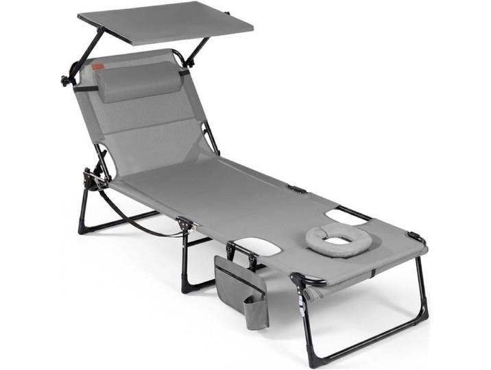 HOMECALL Bain de soleil chaise longue transat pliable avec ouverture faciale dossier réglable pare-soleil Coussin Gris