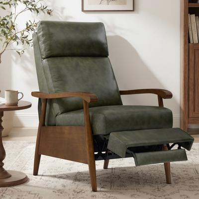 Velocisca Genuine Leather Push-Back Recliner, Mid-Century Modern Recliner Chair with Solid Wood Arms and Walnut Legs