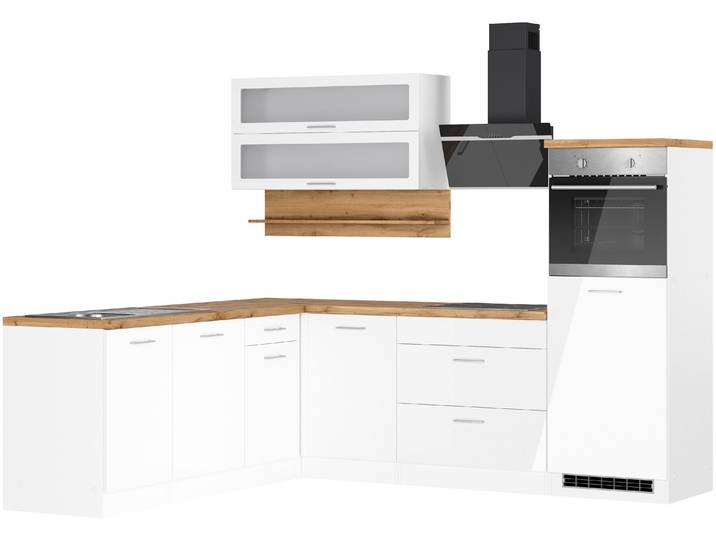 Winkelküche, MDF, Weiß Hochglanz, 250×200 cm, Mit E-Geräten & Viel Stauraum, Modern, Kochstation