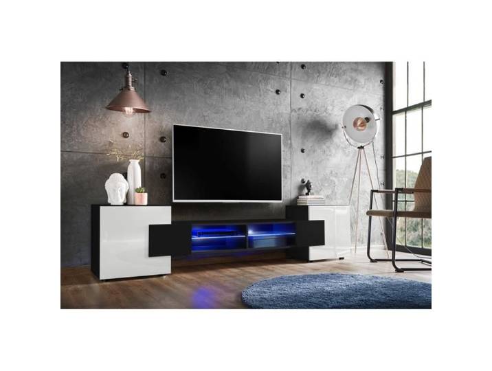 Meuble Banc TV Merano Version 2 Komodee - LED Bleues - Blanc Brillant et Noir - 230 x 53 x 35 cm