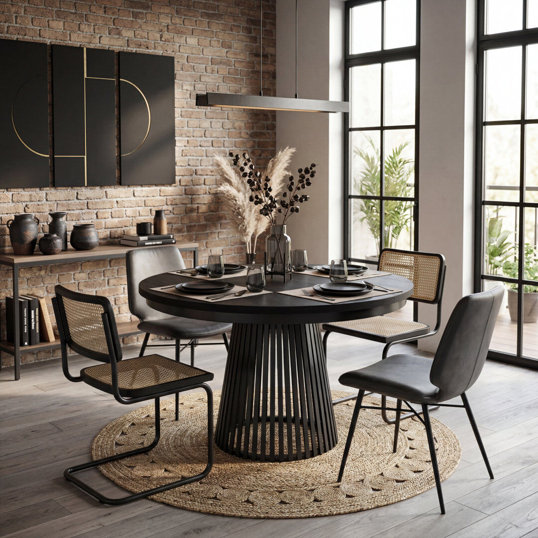 East Urban Home 180 cm Extendable Round and Oval Dining Table Black Painflow/Black