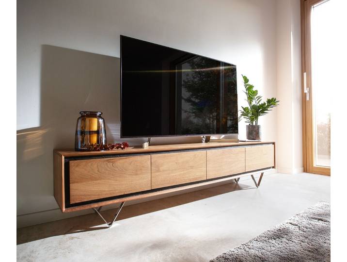 Buffet bas Stonegrace 200 cm acacia nature 4 portes placage en pierre pieds en V