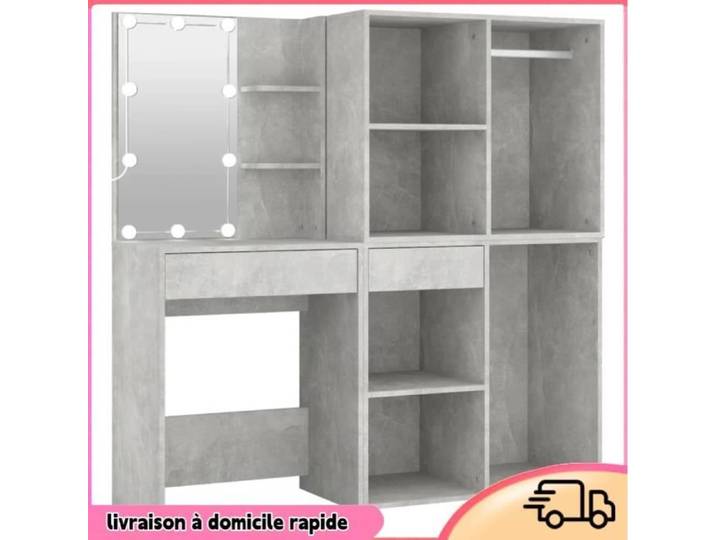 Cocosity Coiffeuse à LED avec 2 armoires Gris béton Bois d'ingénierie - 7894202861445