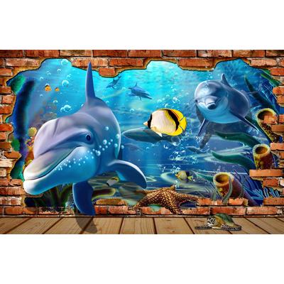 Fototapete PAPERMOON "3D DESIGN Delfine im Meer", bunt, B:5m L:2,8m, Vlies, Tapeten