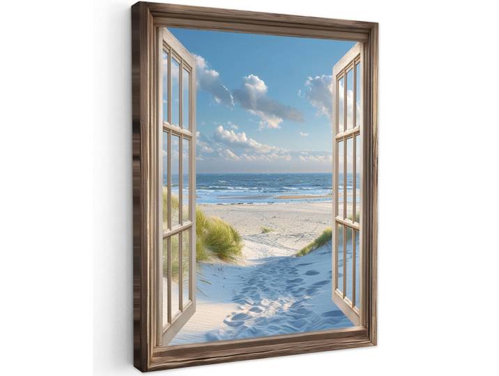 MuchoWow Leinwandbild - Aussicht - Strand - Fenster - Dünen - Meer - 60x80 - Gemälde, Hellblau, Textil, Kiefer, Abstrakt, Rechteckig, 60x80 cm, gerahmt, Bilder & Rahmen, Bilder, Wandbilder